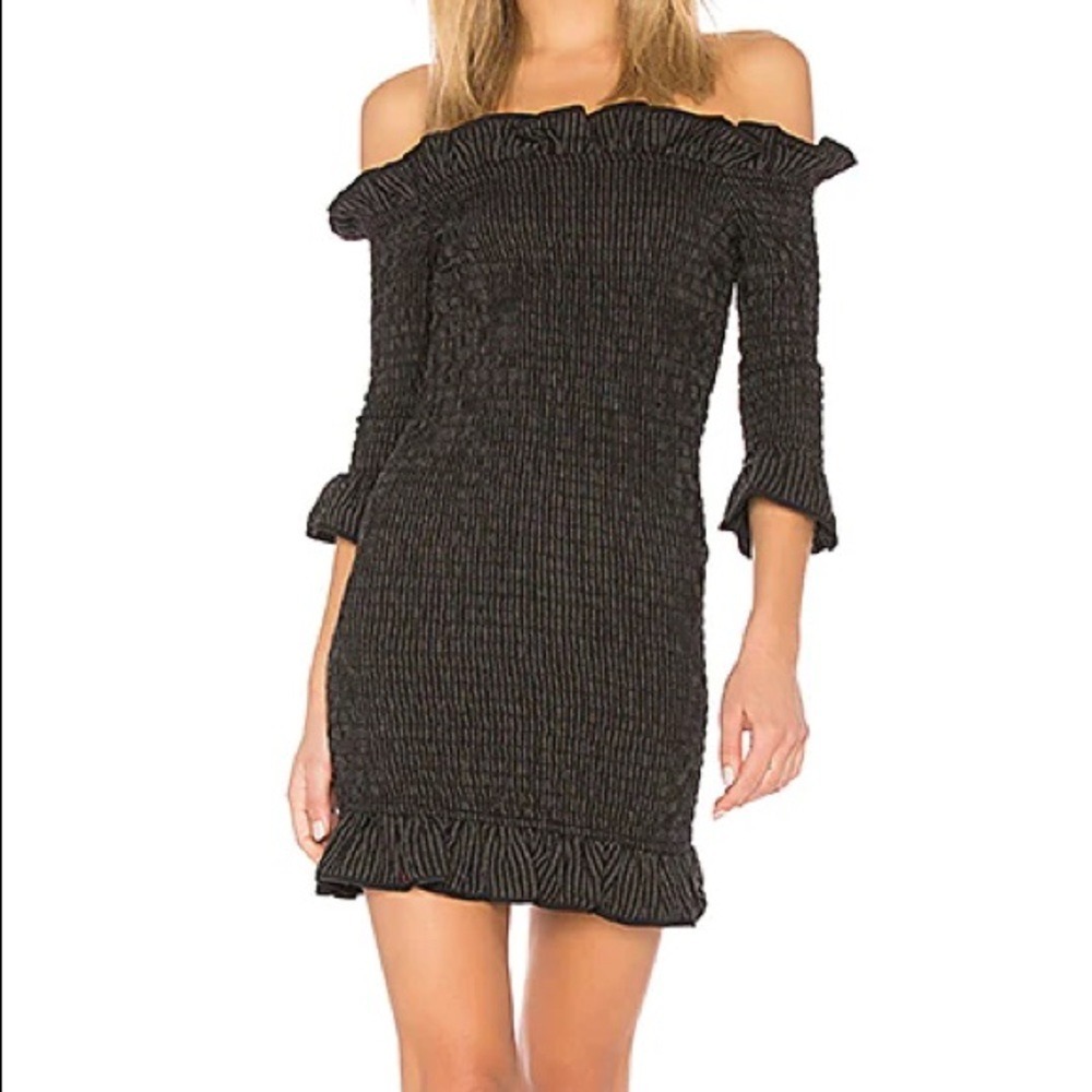Lovers + Friends Smocked Off The Shoulder Mini Dress Charcoal Black Ruffle S NWT